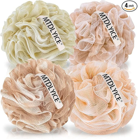 Loofah for Women, XL Large Loofah 75g 4 Pack, Bath Sponge Soft Mesh Shower, Body Scrubber, Bath Accessories Body wash Foaming (Pinkish Beige)