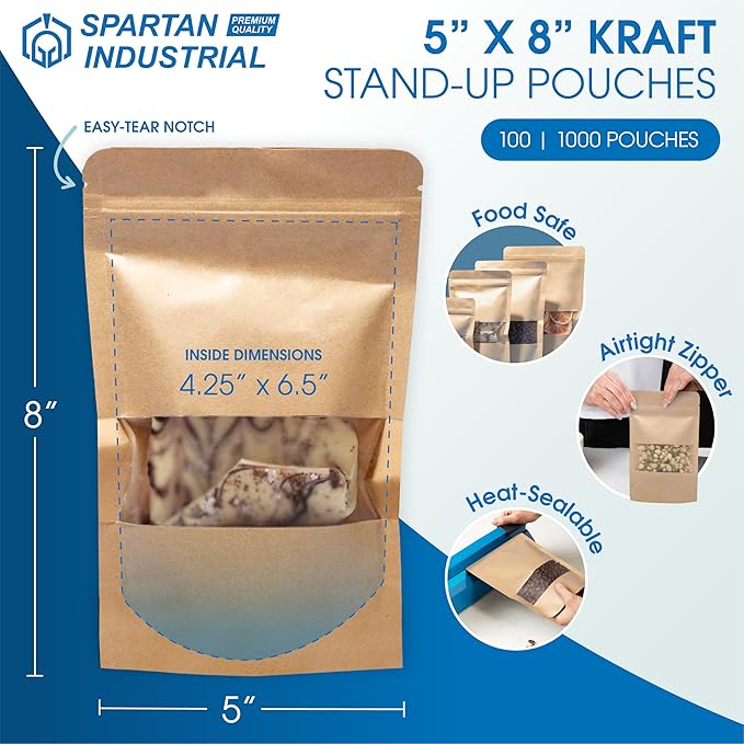 Spartan Industrial - 5" X 8" Kraft Zip Top Food Storage Bags - Pack of 100 Smell-Proof Resealable Pouches for Packaging Coffee, Tea, Spices, Snacks, and More