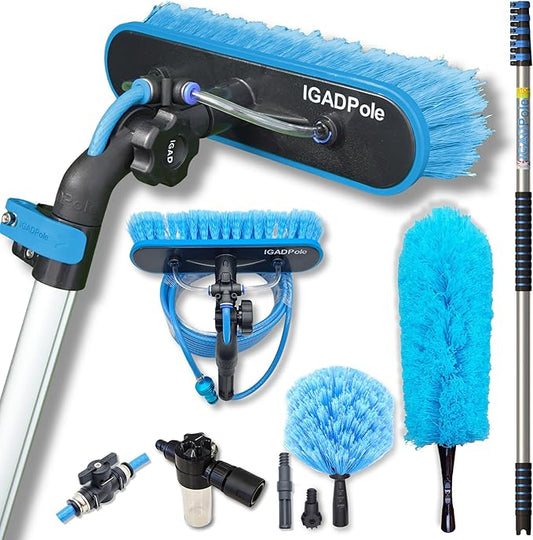IGADPole Washing Kit: Water-fed Brush with Soap Dispenser, Cobweb Dusters, with 5-Stage Telescoping Pole 5-20ft Pole/Window and Dusting Cleaning Kit