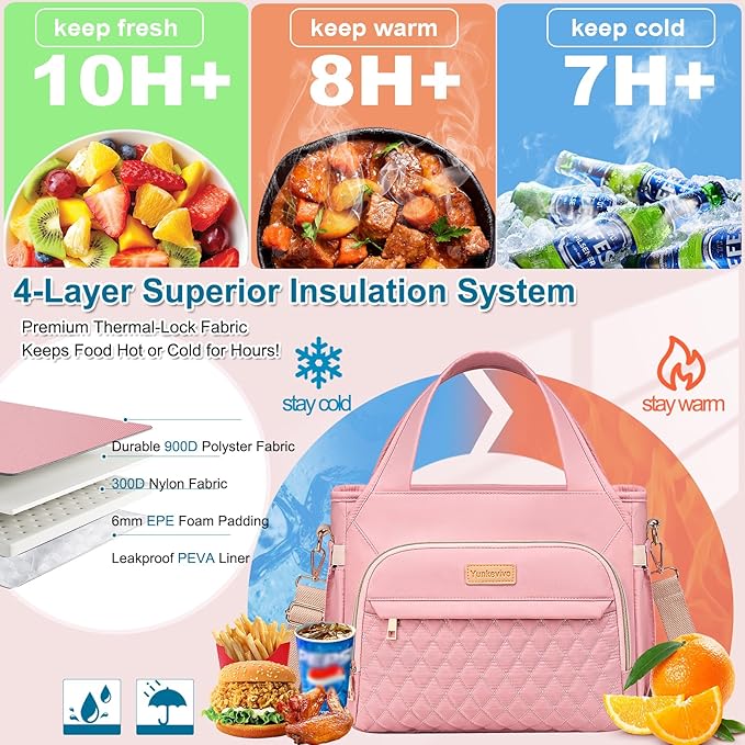 Lunch Bag Lunch Box Women - Insulated Lunch Tote Bag for Women Men, Leakproof Large Womens Lunch Bags for Work, Lunch Cooler Bag for Adult with Side Pocket for Picnic, Hiking, Beach (Pink)