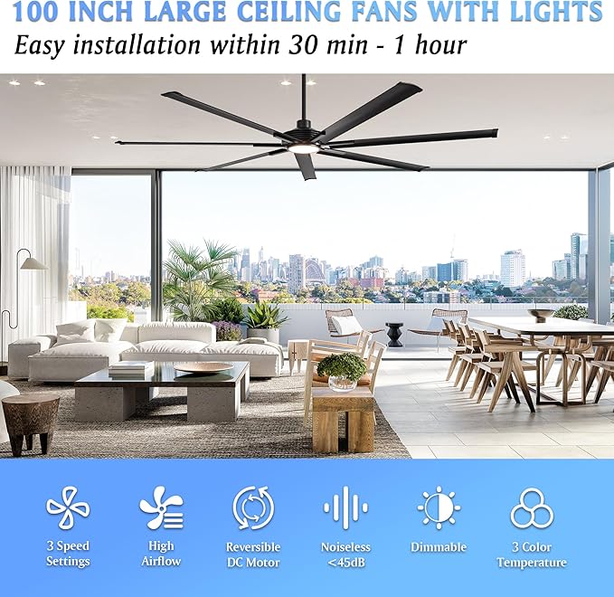 100 Inch Ceiling Fans with Lights, Black Industrial Ceiling Fan and Remote for Living Room Shop Garage, Large Outdoor Ceiling Fans for Patios, 7 Aluminum Blades, Reversible DC Motor, Dimmable, ETL