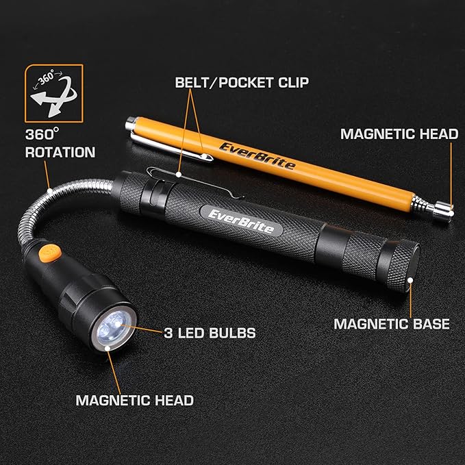 EverBrite 2-Piece Magnetic Pick Up Tool Set, Telescoping 360 Swivel Extensible Magnet Tool with LED Light, Gift for Dad, Mom, Husband, Birthday, Mechanic & Garage Tool