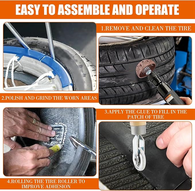 Air Tire Repair Polish Patch Tools Tire Repair Set Include 2500rpm Low Speed Air Tire Buffer Tire Inner Liner Scrapper Patch Roller 3pcs Tungsten Steel Buffing Wheel 42mm 55mm