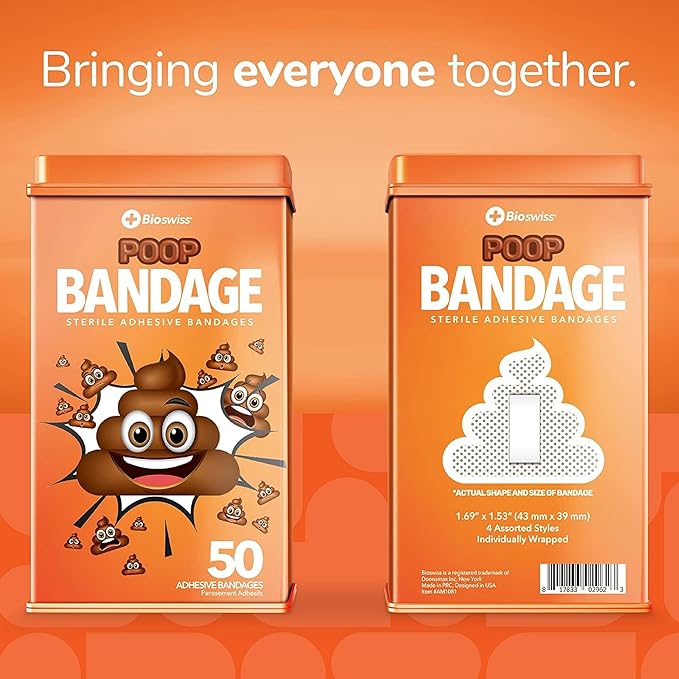 BioSwiss Kids Bandages, Poop Shaped Self Adhesive Bandage Set, Latex Free, Sterile Wound Care, 50 Count