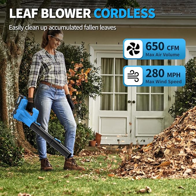 Leaf Blower Cordless, 21V Powerful Leaf Blower with 2 x 4.0Ah Battery & Fast Charger, Lightweight Electric Leaf Blowers for Lawn Care, Yard, Patio Cleaning, Blowing Leaves & Dust (Blue)