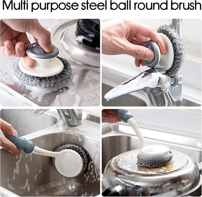 Stainless Steel Scrubber with Handle，Heavy Duty Cleaning Supplies for Pots, Pans, Grills, Ovens & Other Tough Jobs (5P)