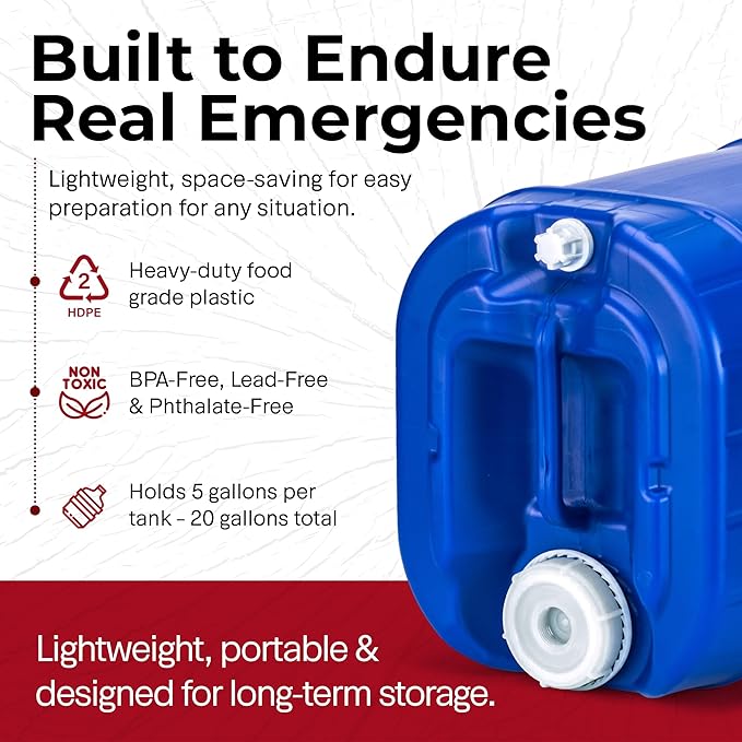 5 Gallon Water Jug - Water Container w/Lid + Spigot - Water Storage Container, Emergency Water Container, Survival Storage Tank - Stackable (5 Gallons (1 Tank)