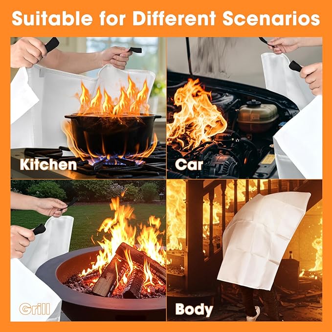 Emergency Fire Blanket, 40"x40" Fiberglass Suppression Fire Retardant Blankets for Home, Kitchen, Camping, Grill, Car, Office, Warehouse with Hooks(4 Pack)