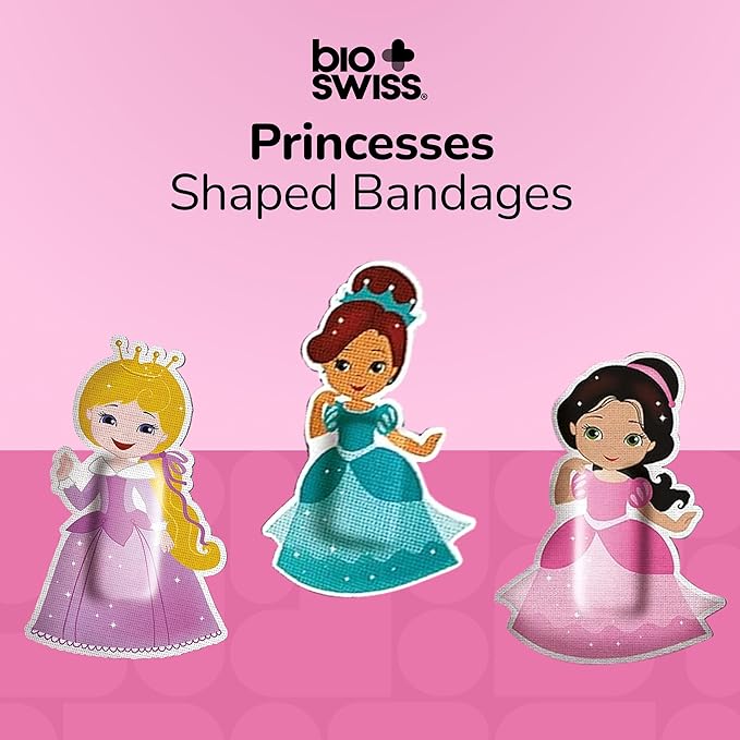 BioSwiss Kids Bandages, Princess Shaped Self Adhesive Bandage Set, Latex Free, Sterile Wound Care, 24 Count