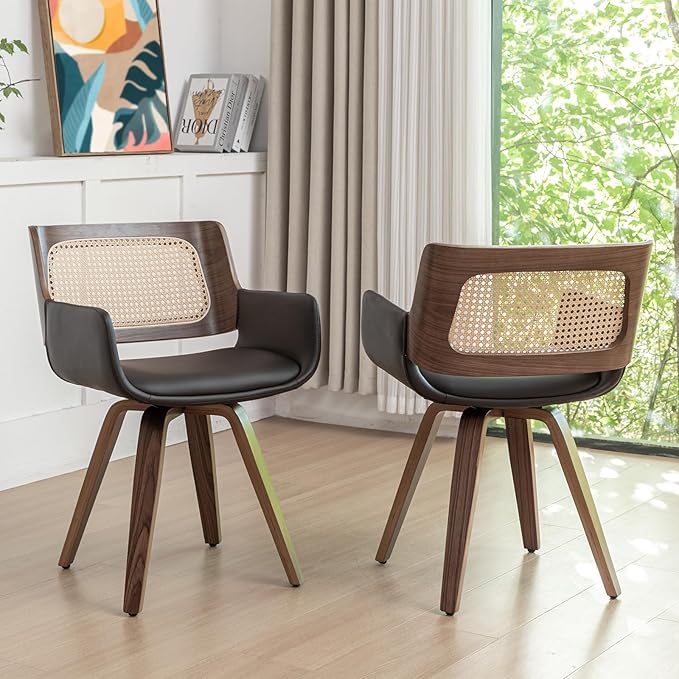 Set of 4 Cane Back Dining Chairs - Swivel Dining Room Chairs with Curved Arms, Ergonomic Cane Back, Walnut Craftsmanship, Versatile for Restaurant/Conference/Kitchen/Living Room (Walnut Brown)