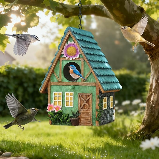 Cottage-Style Hanging Birdhouse with Flower Accents – Hand-Painted Resin Decorative Bird House for Outdoors, Weather-Resistant Garden Decor for Small Birds