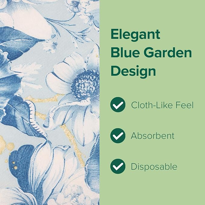 SimuLinen Blue Garden Floral Disposable Hand Towels for Bathroom, Single-Use Linen-Feel Guest Towels, Hand Tissue Paper, Cloth-Like Paper Napkins, Pack of 500