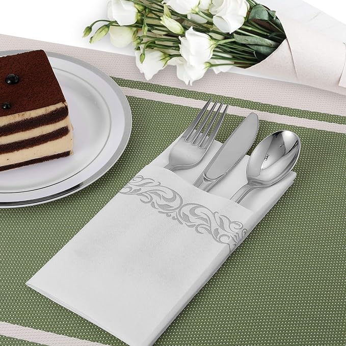FOCUSLINE 100 Linen Feel Bathroom Napkins, Soft and Absorbent Disposable Guest Towels, Cloth-Like Paper Hand Towels Decorative Napkins for Dinners, Parties, Weddings or Events, Silver, 12" x 17"