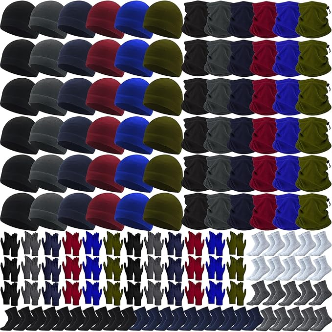 Liitrsh 148 Pcs Bulk Winter Fleece Hats Gloves Scarf Sock Sets for Men Women, Beanies for Homeless Donation Charity Bundle