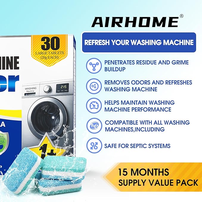 Washing Machine Cleaner Tablets - Deep-Cleaning Descaler for Front Load and Top Load Washers, Including HE, 30 Pack (15 Month Supply)