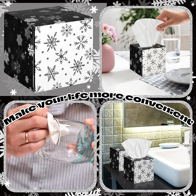 Bencailor 12 Pack Snowflake Facial Tissues Cube Boxes Winter Christmas Tree Square 600 Sheets 3 Ply Small Tissues Cube Boxes for Home Car Accessories(Black and White,Snowflake)