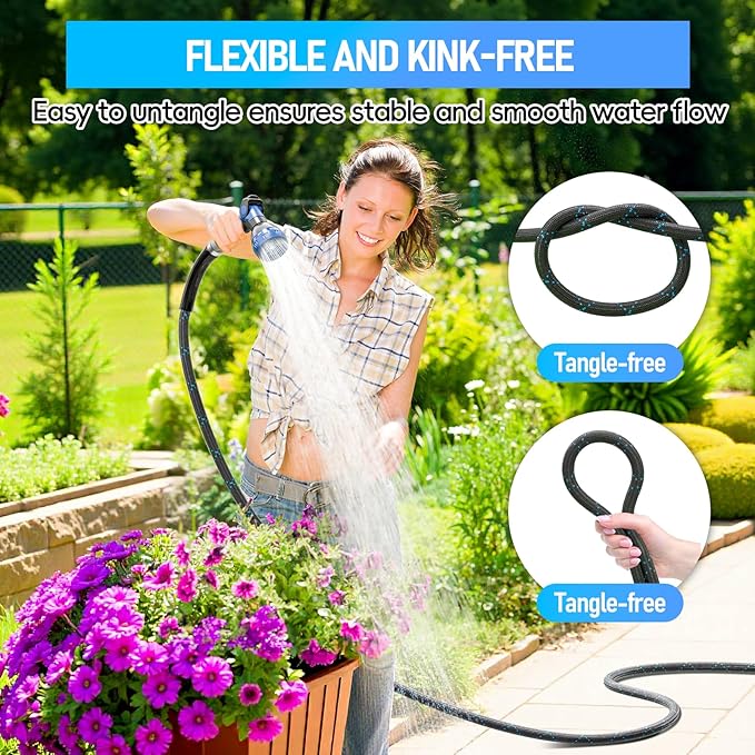 SPECILITE Garden Hose 75ft, 3-Layer Flexible Water Hose with 8 Pattern Spray Nozzle, Non-Expanding & Lightweight Stainless Steel Hose for Yard, Lawn, Outdoor-Leak Proof, No-kink & Tangle-free