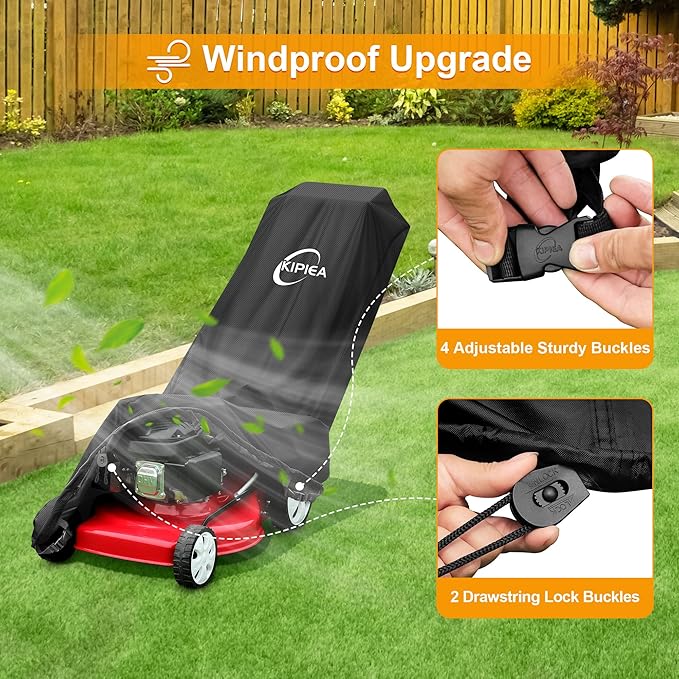 Kipiea Outdoor 600D Lawn Mower Cover Waterproof, UV & Tear-Resistant with 4 Buckles and 2 Drawstrings for Most Push Lawn Mowers