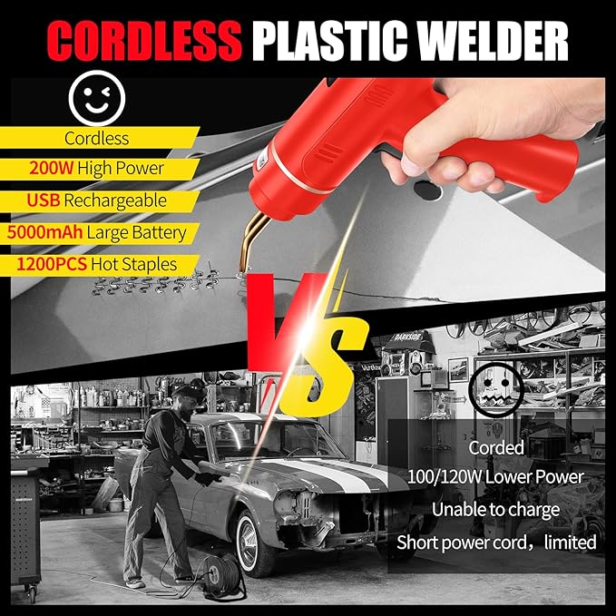200W Cordless Plastic Welder, Plastic Welding Kit with 1200PCS Hot Stapler, USB Rechargeable Plastic Welder Gun with 5000mAh Battery, Plastic Weld Bumper Repair Kit for Most Plastic Repair