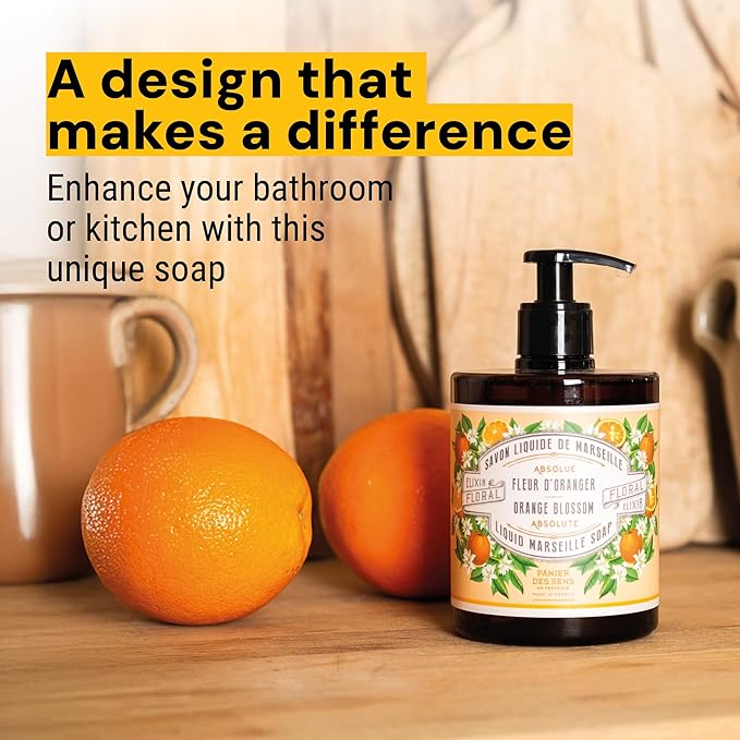 Panier des Sens - Moisturizing Hand Soap - Orange Blossom Gourmand Fragrance - French Traditional Savon de Marseille Soap - Refillable Kitchen & Bathroom Soap - 16.9 Fl.oz Liquid Hand Wash 96% Natural