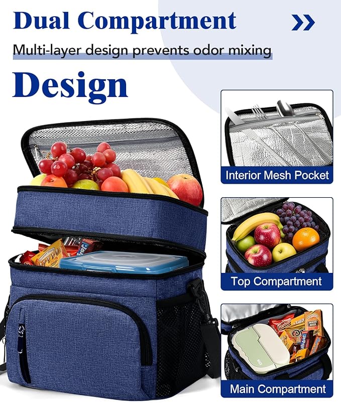 Lunch Box for Men, Double Insulated Lunch Bag Reusable Leakproof Cooler Bag Portable Picnic Food Bag, Adult Lunch Tote Lunch Bag for Work, Construction Worker, Truck Driver, Light Crew-Navy Blue