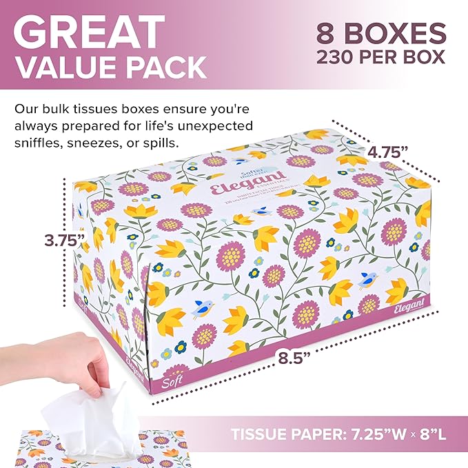 Premium Bulk Tissues, 8 Boxes of 230 Count, 2-Ply Soft Facial Tissues for Offices or School, Made in the USA, 1840 Total Count Bulk Face & Nose Tissue Paper for Home or Professional Use