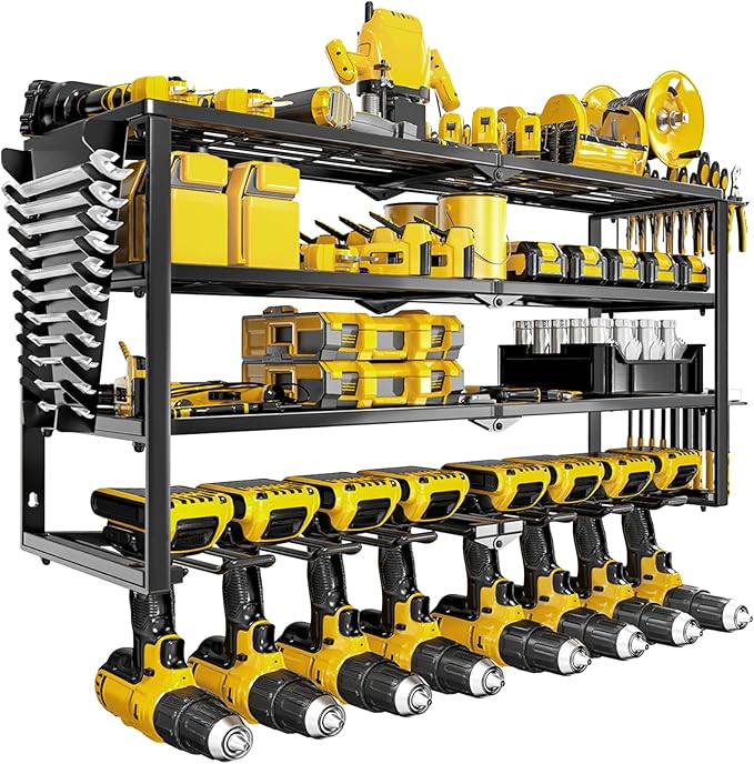 Heavy Duty Power Tool Organizer Wall Mount, Cordless Drill Hanger Storage Rack, Battery Tool Holder Utility Rack with Side Wrench Rack for Garage Workshop-32 Inch 8 Slots