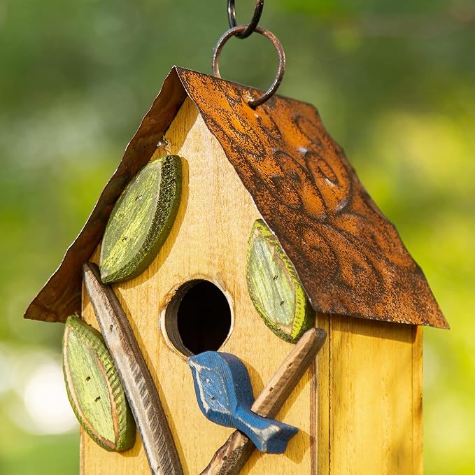 Glitzhome 9.7" H Hanging Birdhouse for Outdoor Patio Garden Decorative Pet Cottage Distressed Wooden Birdhouse, Leaves Rustic Yellow