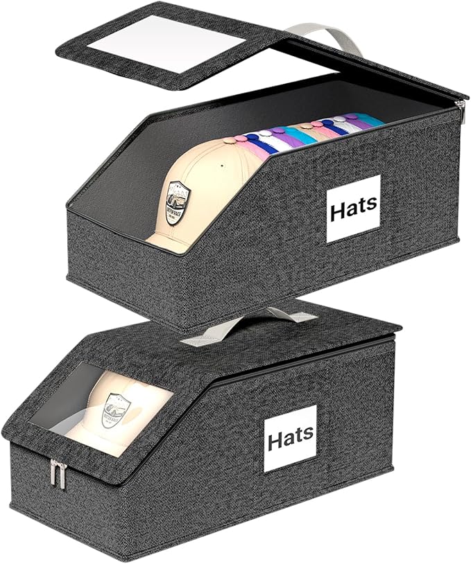 Stackable Hat Organzier for Baseball Caps, 2 PCS Hat Storage Holder Holds up to 24 Caps for Closet, Dust-Proof Hat Boxes Container with Clear Window for Home