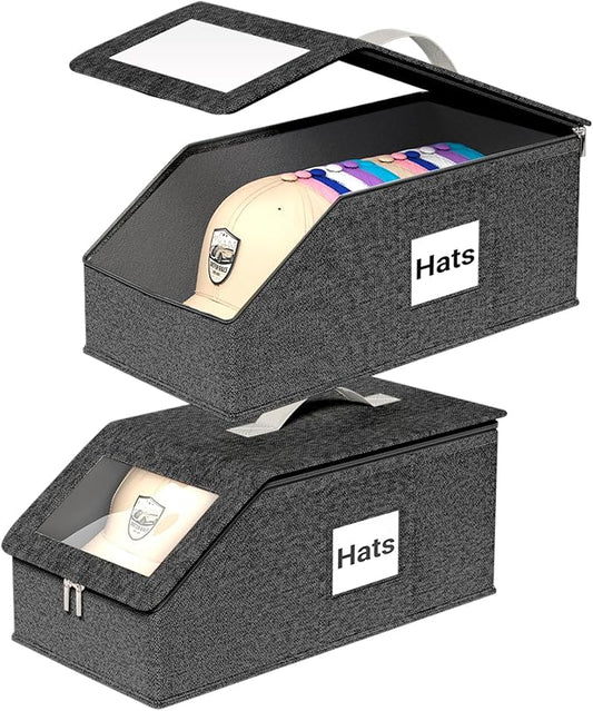 Stackable Hat Organzier for Baseball Caps, 2 PCS Hat Storage Holder Holds up to 24 Caps for Closet, Dust-Proof Hat Boxes Container with Clear Window for Home