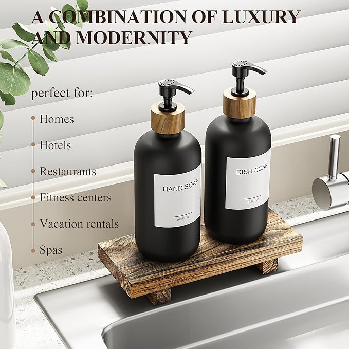 Cisily Black Soap Dispenser Set with Wooden Tray, Dish and Hand Soap Lotion Dispenser Set with Wooden Pump for Kitchen and Bathroom Decor for Counter, Modern Vintage Liquid Soap Dispensers