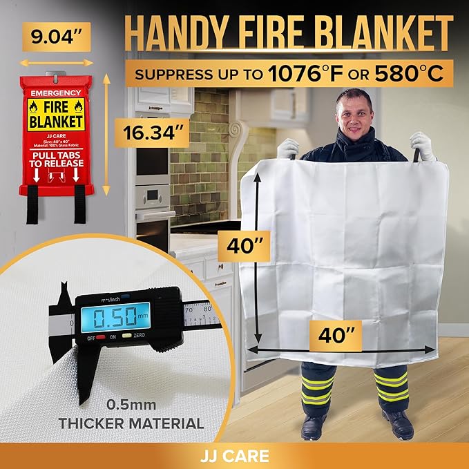 JJ CARE Fire Blanket – 3 Packs with Hooks and Gloves – Emergency Fire Blanket for Home & Kitchen, High Heat Resistant Fire Suppression Blankets for Home Safety, Kitchen, and Camping