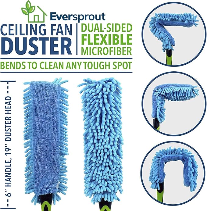 EVERSPROUT 5-to-12 Foot Duster 3-Pack with Extension-Pole (20+ Foot Reach) | Hand-packaged Cobweb Duster, Microfiber Feather Duster, Flexible Microfiber Ceiling & Fan Duster | Aluminum Telescopic Pole
