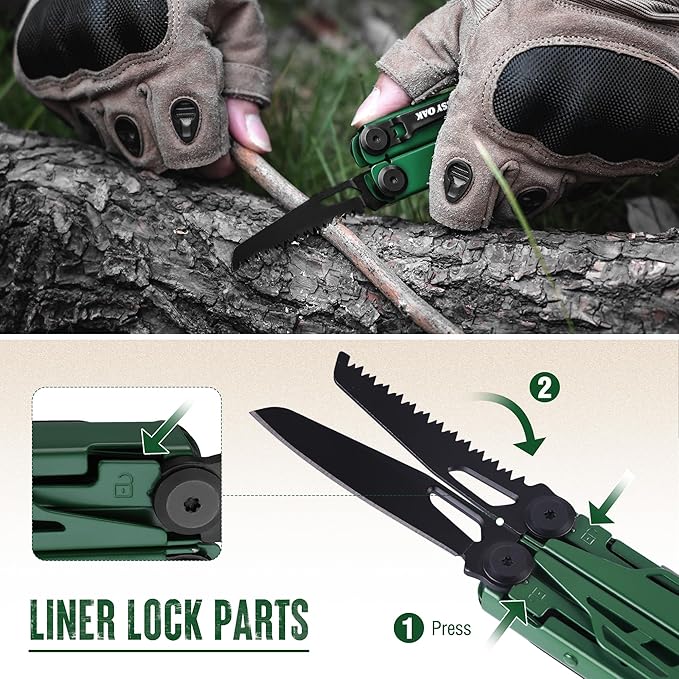 MOSSY OAK CNC-Machined Multitool Pliers, 27-in-1 Multi Tool with Pocket Knife, Fire Starter & Whistle, Bottle Opener, Screwdriver – Self-Locking Survival Tool for Camping & Hiking