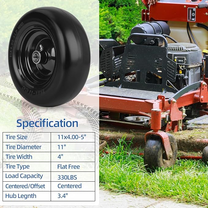 11x4.00-5” Flat Free Lawn Mower Tire and Wheel with Bearing Bore 3/4" or 5/8", 3.4"-4"-4.5"-5" Centered Hub, Smooth Tread Tire for Zero Turn Mowers, 2 Pack