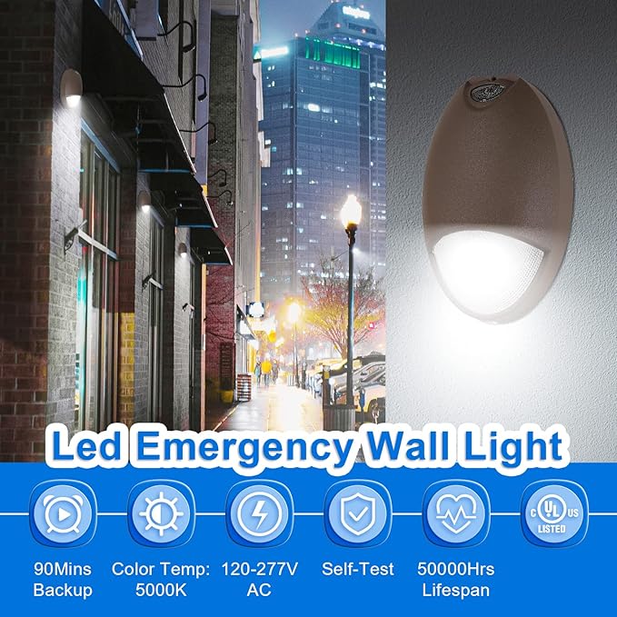 LED Emergency Wall Pack Light with Battery Backup and Photocell Sensor, Self Test Diagnostics, IP65 Wet Location, 12W 120-277VAC, Aluminum Exterior Commercial Emergency Lighting, UL Listed (1-Pack)