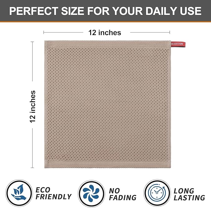 Kitinjoy 100% Cotton Kitchen Dish Cloths, 12 Pack Waffle Weave Ultra Soft Absorbent Dish Towels for Drying Dishes Quick Drying Kitchen Towels Dish Rags, 12 X 12Inch, Tan