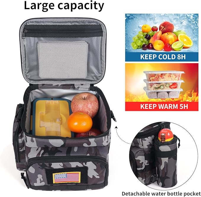 MOV COMPRA Tactical Lunch Bag for Men Insulated Lunch Box Leakproof Large Capacity Thermal Cooler Bag with MOLLE Water Bottle Pouch for Adults for Work Picnic Camping（Camouflage Grey）
