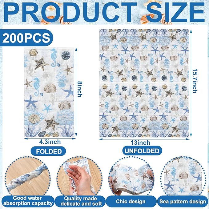 Jetec 200 Pieces Sea Paper Napkins Summer Paper Guest Towels for Bathroom Decorative Sea Blue Starfish Disposable Guests Paper Napkins Nautical Coastal Hand Towels for Bathroom Wedding Dinner Party