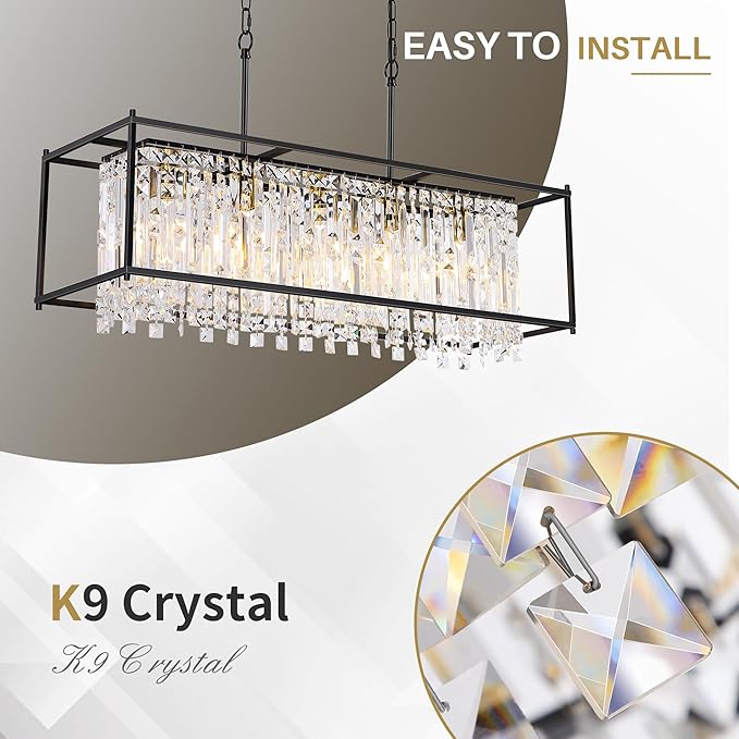Modern Black Crystal Chandeliers For Dining Room, 36" Large Rectangle Water Ripple Glass Pendant Elegant Linear Lighting for Kitchen Island Dining Room LivingRoom Flat Inclined Ceiling,L36 x W11 x H19