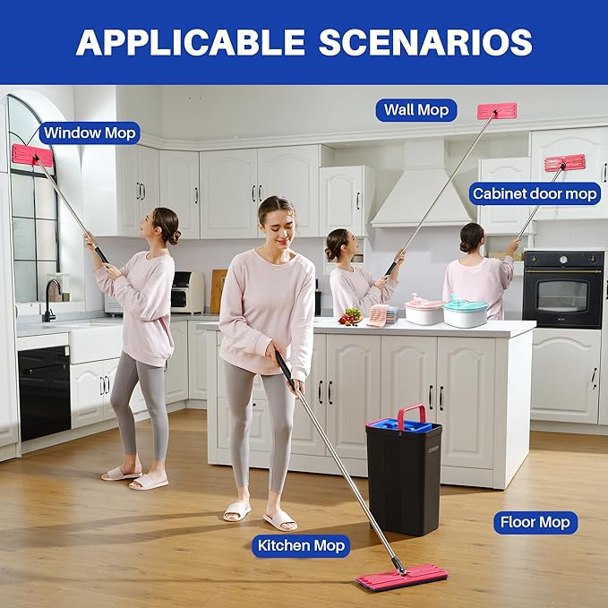 JOYMOOP Flat Mop, Microfiber Mops for Floor Cleaning and Wall Cleaner, 60" Long Handle with Flexible 13" Flat Head with a Microfiber Mop Pad - Black & Red