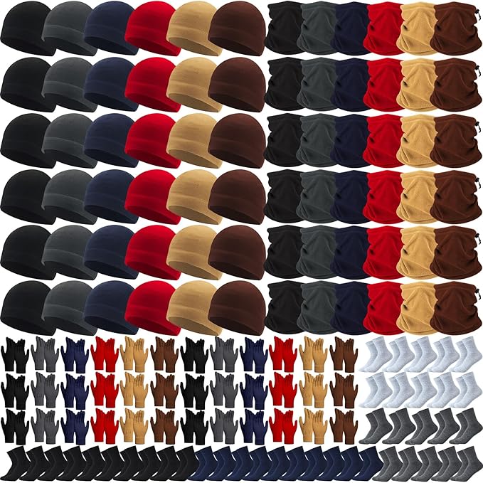 Liitrsh 148 Pcs Bulk Winter Fleece Hats Gloves Scarf Sock Sets for Men Women, Beanies for Homeless Donation Charity Bundle
