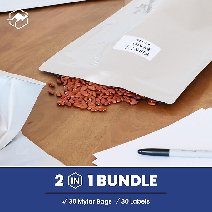 Wallaby 30 Count 2.5-Gallon Gusset Mylar Bags with Labels, 15 Mil Total Thickness Long-Term Food Storage Pouches, 15x12 Stand-Up Zipper Heat-Sealable Airtight Packaging - Silver