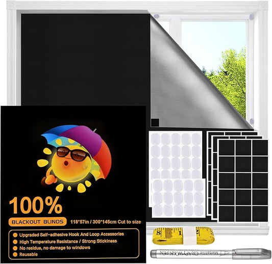 Blackout Window Cover, Upgraded Hook and Loop - Portable Shades No Residue and Longer Lasting, 100% Blackout Blinds for Window 118″ x 57″, Black Out Curtains for Bedroom and Baby Room 3mi