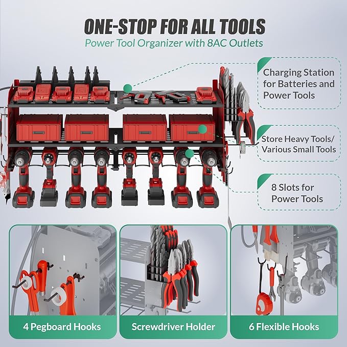 Suchtale Power Tool Organizer Wall Mount with Charging Station,33.2" Garage Storage,8 Drill Holders,3 Layers Heavy Duty Metal Shelf,Built in 8 Outlets Power Strip,Christmas Gift for Dad,Men,Red