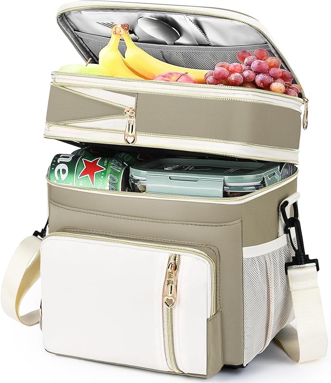 LOKASS Expandable Lunch Box for Women | Adult Lunchbag Cooler Tote Bag with Adjustable Shoulder Strap | Insulated Reusable Womens Lunch Bags for Work Camping Beach | 16L, Beige