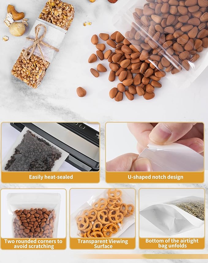 FireKylin 100 PCS Stand Up Pouches,3.5"x5.5" Paper Bags With Window Clear Front Pouches Resealable Zipper Food Storage White