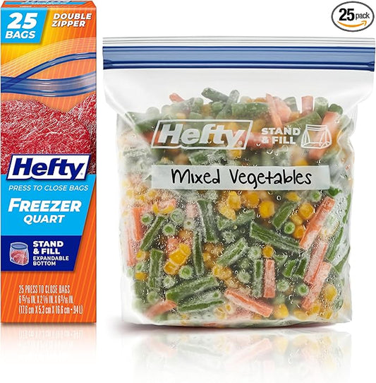 Hefty Press to Close Plastic Freezer Bags, Quart Size, 25 Count