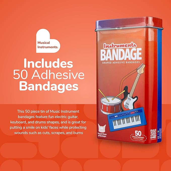 BioSwiss Kids Bandages, Musical Instruments Shaped Self Adhesive Bandage Set, Latex Free, Sterile Wound Care, 50 Count