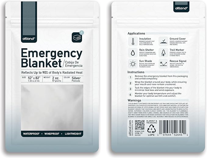 Altland Emergency Blanket - Heat Reflective Blanket for Winter Survival Kits, Disaster Preparedness, Cold Weather Camping, and Homeless Care Packages